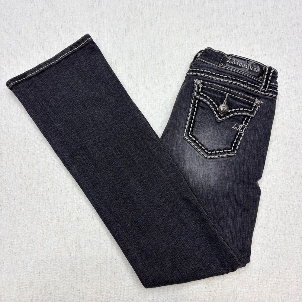 LA Idol USA Womens Bootcut Jeans Black Faded Thick Stitch Y2K Size 7 W30 L34